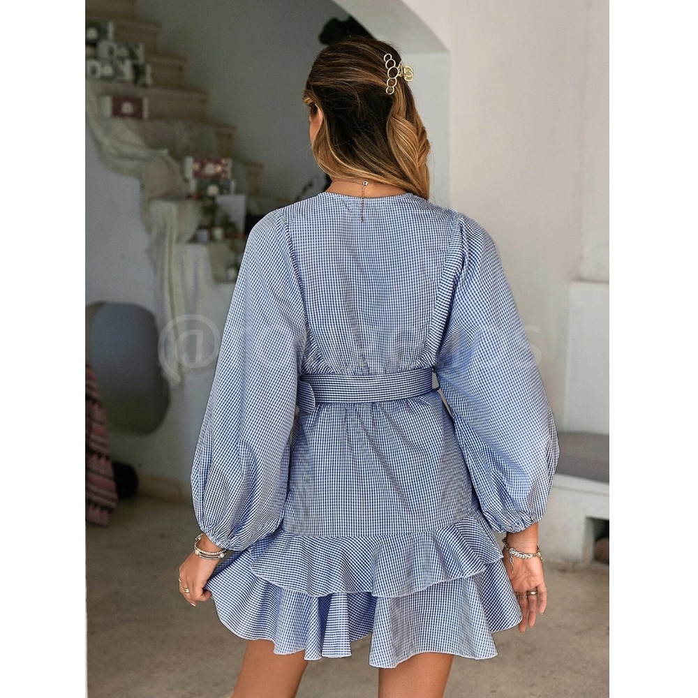 Blue White Gingham Print Belted Ruffle Detail Lantern Sleeve Mini Dress - Picture 4 of 8